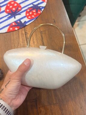 Elegant Pearl White Resin Handbag Accent with Gold Handle